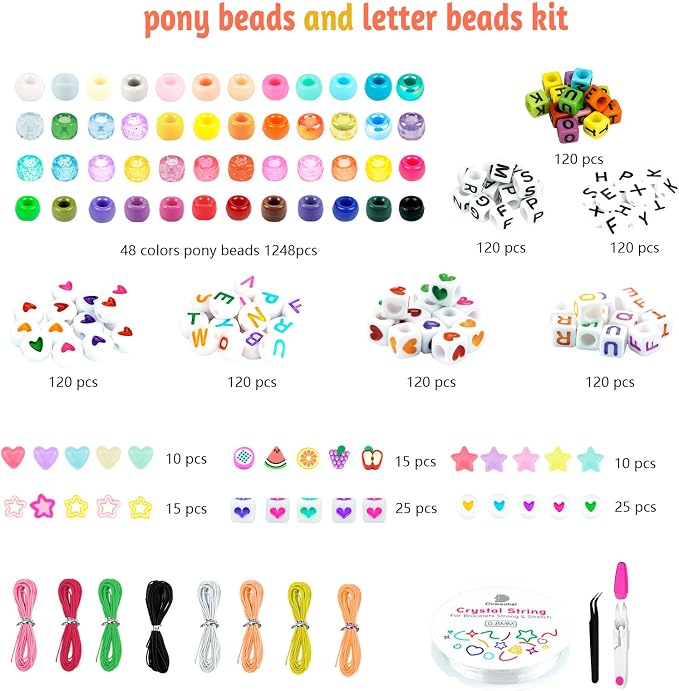 Dowsabel Friendship Bracelet Making Kit, Pony Kandi Beads & 11 Different Beads, 8 Colors Nylon Thread, DIY Jewelry & Craft Gifts