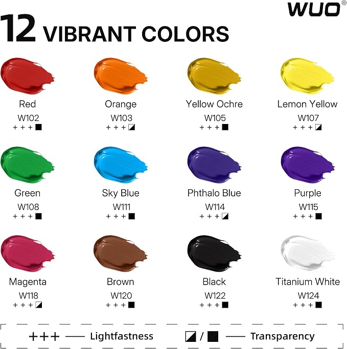 WUO 12 Colors Acrylic Paint Set, 250ml/8.45oz Bottles Artists Acrylic Paint | Large Bulk Rich Pigment Non-Toxic Waterproof Multi-Surface Painting Supplies for Beginners on Canvas Wood Rock Ceramic Crafts