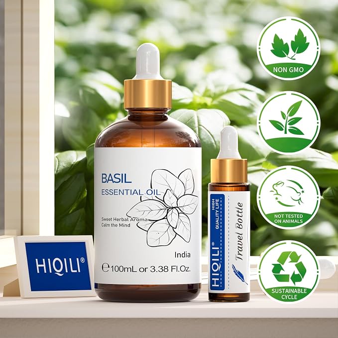 HIQILI Basil Essential Oil for Aromatherapy Diffuser, Hair Care