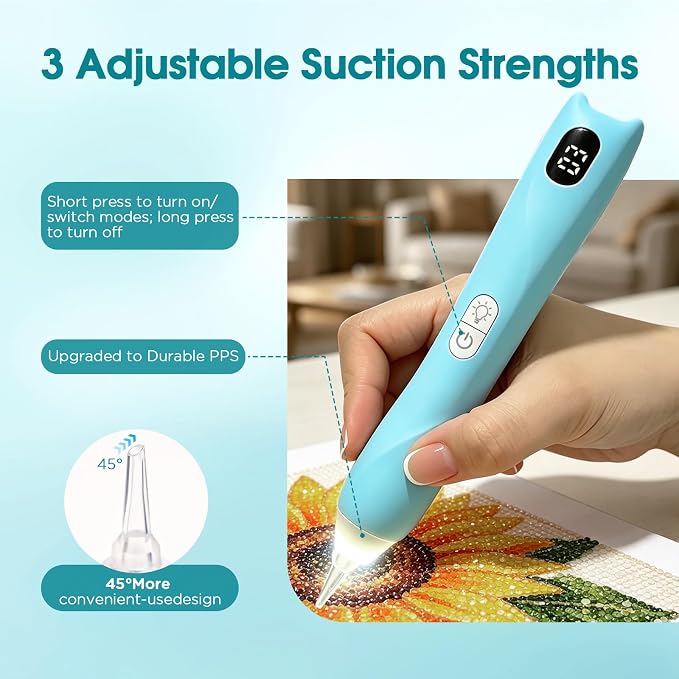 Electric Diamond Art Pens, 3 Speed Adjustable Diamond Art Kit for Adults, Wireless Diamond Painting Kits with Light and Ergonomic Grip.Blue