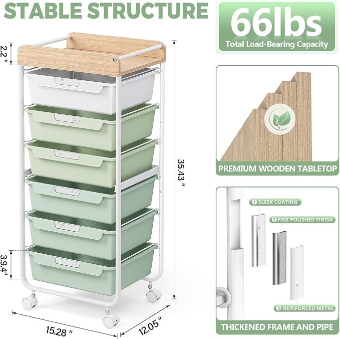 SYKIARIOL 6 Drawer Rolling Cart for Craft Storage,Utility Drawer Cart,Green | Organizer with Handle and Wooden Top,Storage on wheels for Office,Classroom,Laundry,Garage,Snack,Art Supply