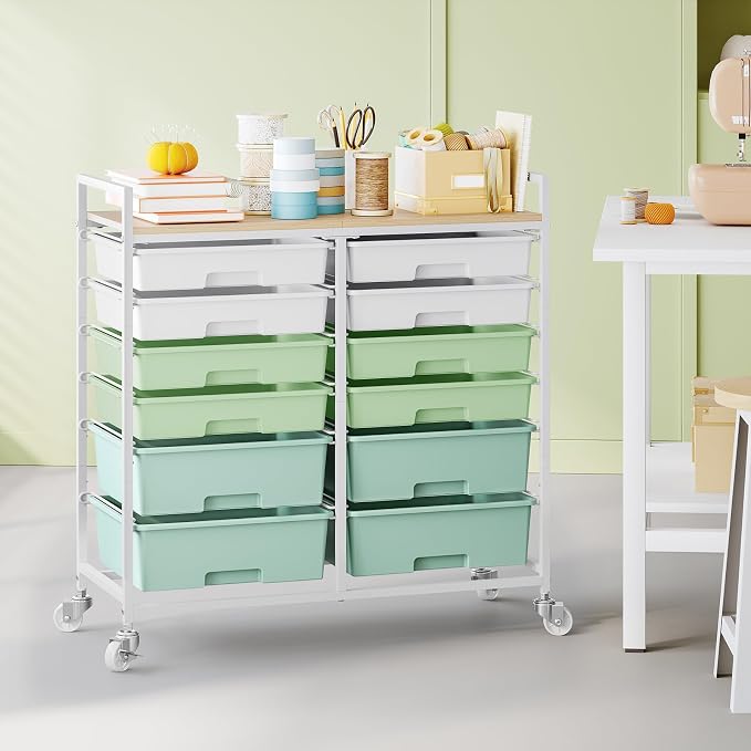 TOOLF 12 Drawers Rolling Storage Cart with Wooden Top for Classroom,Green | Teacher Cart Craft Art Supply Organizer, Utility Cart with Lockable Wheels for Home Household Essentials, Office Organization