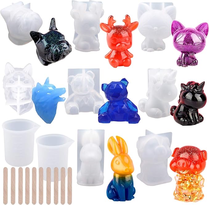 EuTengHao 20Pcs 3D Animal Resin Molds Tools Set Includes 8 Resin Casting Molds Large Clear Epoxy Silicone Molds 2 Measurement Cup 10 Wood Sticks for Resin Craft DIY