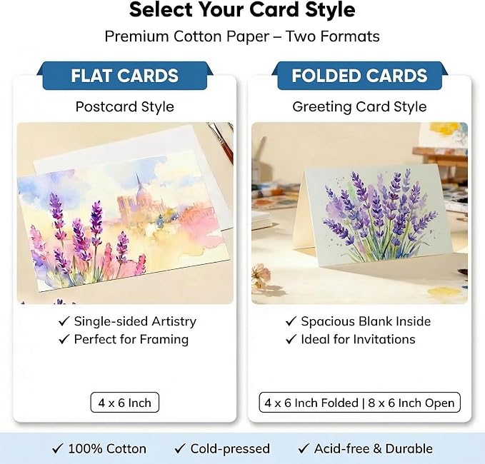 24 Sets Pre-Scored Folded Watercolor Cards with Envelopes & Seals – 4 x 6 Inches (Folded Size) Pure Cotton 300gsm Cold-Pressed Acid-Free Paper for Mother's Day, Wedding, Graduation & Greeting Cards