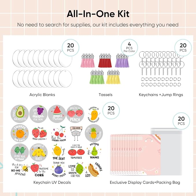 YOPPIX 140 PCS Acrylic Keychain Blank Set, Fruit Double-Sided UV DTF Stickers Acrylic Keychain Making Kits for Vinyl DIY Craft Project