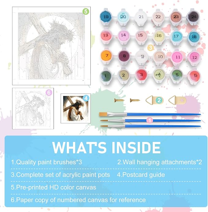 Paint by Numbers Kit for Adults, Jesus Cross Acrylic Canvas Painting Set | 16x16 Inch, Religious Christians DIY Number Painting Craft Kit, Home Wall Decor, Stress Relief Relaxing Hobby Gift