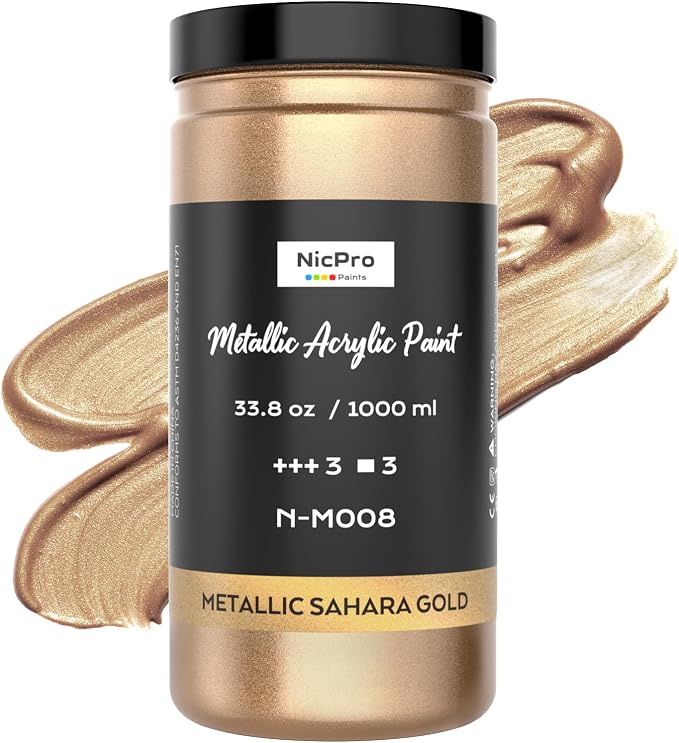 Nicpro Metallic Sahara Gold Acrylic Paint, 33.8oz/1000ml Gold Leaf Paint | Non Toxic Non Fading Craft Paint for Metal, Wood, Craft, Clay, Canvas, Furniture, Art Painting, Handcrafts, Art Supplies