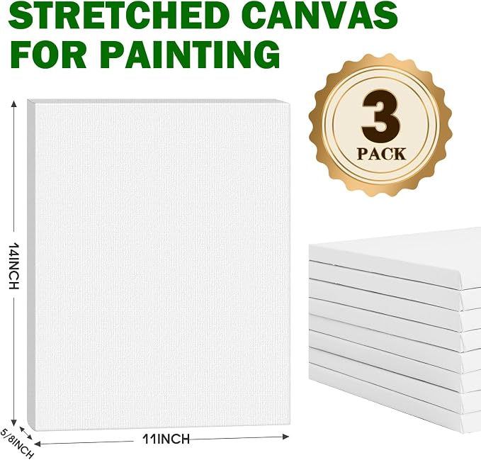 ESRICH Stretched Canvas for Painting 11x14 Inch, 3 Pack Blank Canvas -5/8 in Profile Primed White Canvases for Painting for Oil & Acrylic Paint.