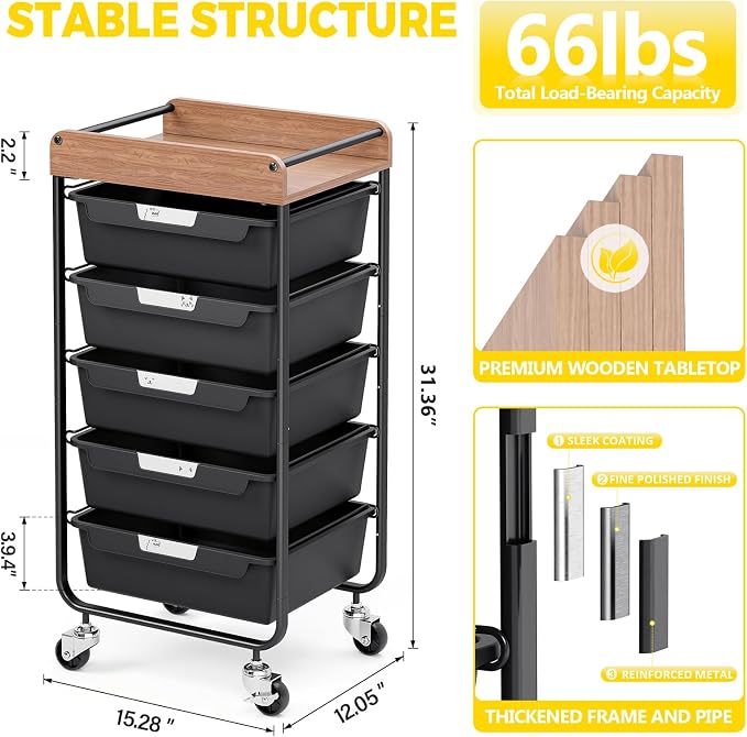 SYKIARIOL Utility Cart with 5 Labeling Drawers and Wooden Tabletop,Black | Rolling Storage Cart for Crafters, Artists, Kids, Teachers, and Students – Organize Arts, Crafts, Sewing & Study Supplies