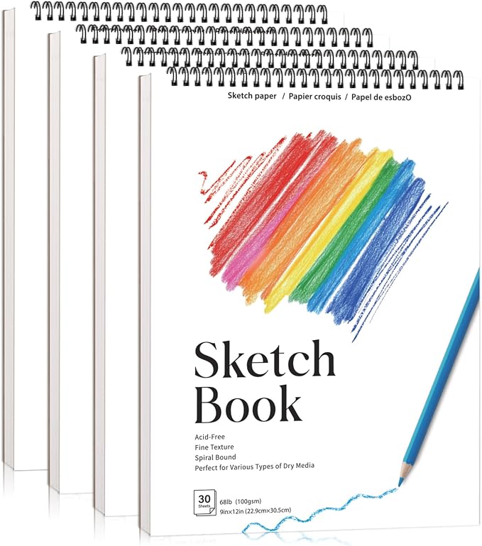 4 Pack Sketch Book 9 × 12 in, Spiral Bound, 30 Sheets Each | 100gsm Acid-Free Paper, Hardcover Backboard, Lay-Flat Spiral, Ideal for Drawing, Sketching & Travel Use
