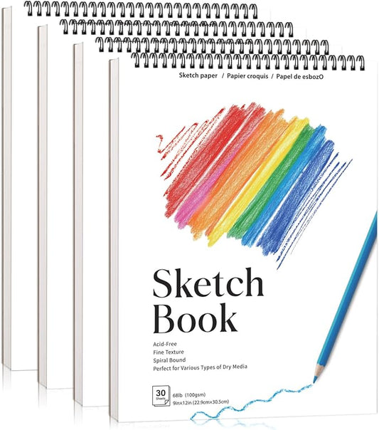 4 Pack Sketch Book 9 × 12 in, Spiral Bound, 30 Sheets Each | 100gsm Acid-Free Paper, Hardcover Backboard, Lay-Flat Spiral, Ideal for Drawing, Sketching & Travel Use