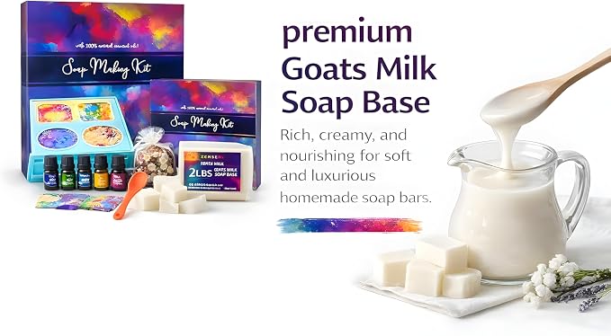 Soap Making Kit for Adults, Make Your Own Soap with Melt & Pour - DIY | Gentle soap supplies 6 Essential Oils Silicone Soap Mold Spoon Dried Flowers 1.5lbs Goats Milk Soap Base, 4 Dyes, Labels