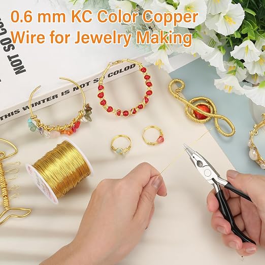 ModaCraft 22 Gauge Tarnish Proof Jewelry Wire Gold (164ft/50m) + 4-in-1 Professional Jewelry Pliers Set | Fade-Resistant Copper Craft Wire for Beading DIY Jewelry Making Supplies Kit