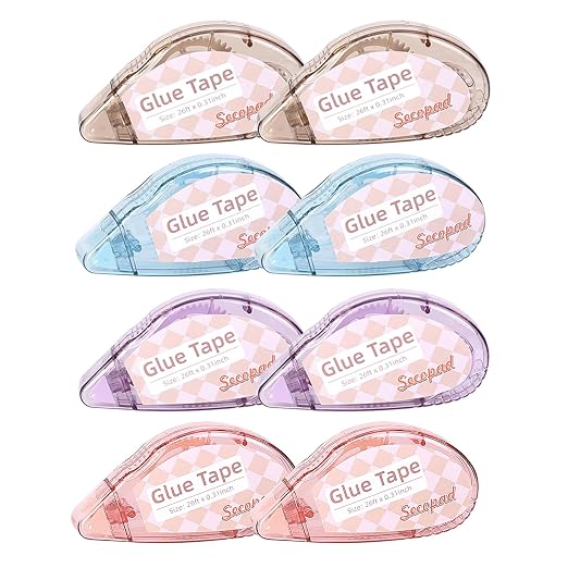 Secopad Scrapbook Tape, Glue Tape for Crafts, 8 Pack, Light-Colored Shell | 0.3IN x 26FT, Sticky & Safe, Double Sided Tape for Crafts, Scrapbooking Junk Journaling Supplies, For School Office Teachers