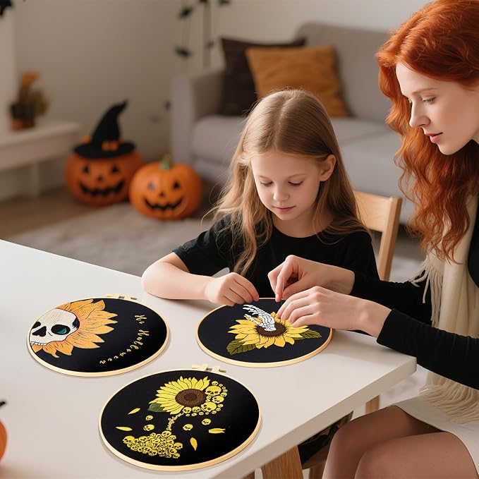Halloween Gothic Embroidery Kits for Beginners Adults, Skull Hand Embroidery Needlepoint Kits, Sunflower Stamped Cross Stitch Kits for Beginners Adult, 3 Set Embroidery Hoops (Attached Video Tutorial)