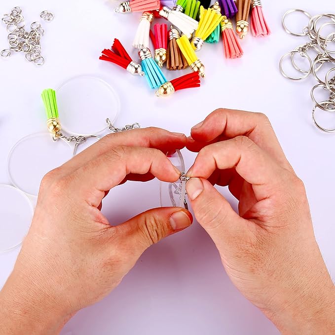 120 pcs Acrylic Keychain Blank Silver Kit | Silver Tassels, Rings & Jump Rings for Craft, DIY Jewelry Making