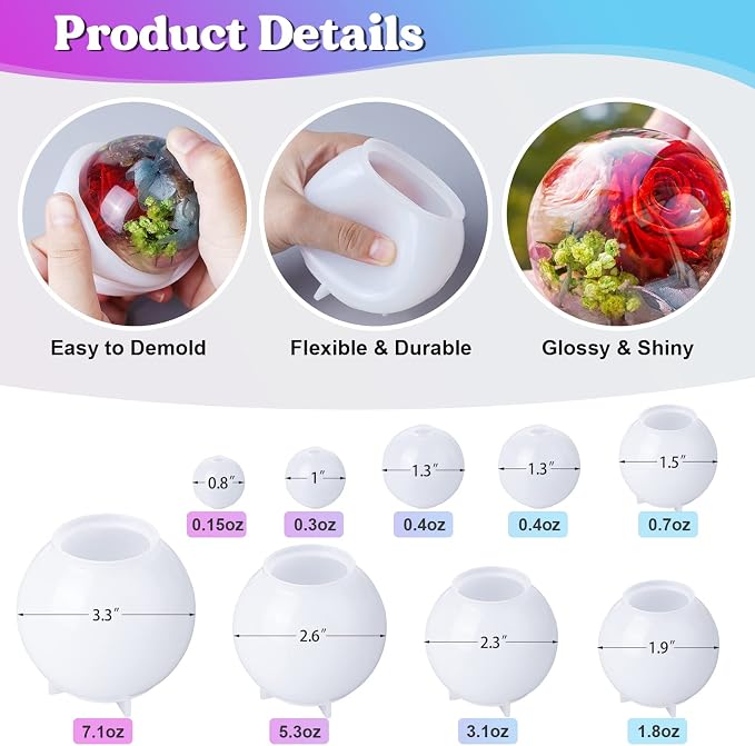 LET'S RESIN 9 Pcs Sphere Silicone Molds for Resin, Upgraded Seamless 3D Sphere Resin Molds Silicone,Large Round Ball Epoxy Resin Molds for Flowers Preservation,Resin Casting, Soap, Candle | for Epoxy & UV Resin, Large Round Molds for Flower Preservatio...
