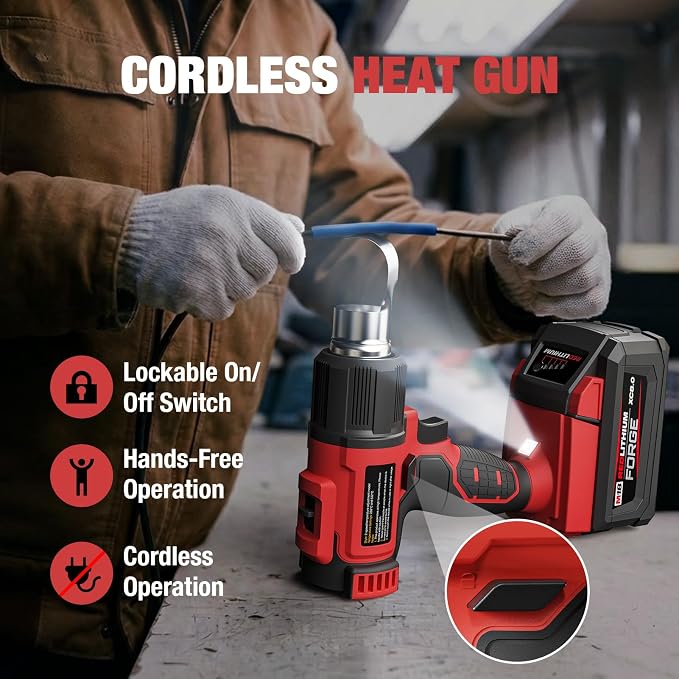 Cordless Heat Gun for Milwaukee M18 Battery, 7Pcs Nozzles&Scraper, LED Light, 350W Fast Heating Soldering Hot Air Gun, 2-Temp Setting Max 990℉(532℃), Heat gun for Shrink Tubing, Crafts (Tool Only)