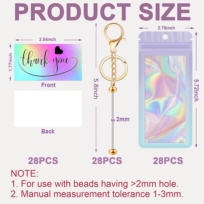 42/84/126 Pcs Beadable Keychain Bars Bulk Blank DIY Beaded Keychain Making Supplies with Bag Thank You Card