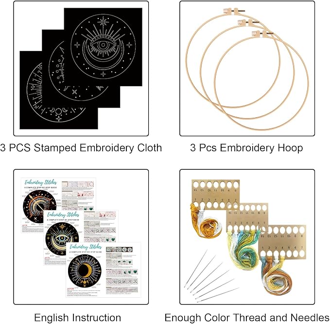 Louise Maelys 3 Pack Celestial Tarot Embroidery Kit Moon Evil Eye | Create Mystic Decor with Cross Stitch Kits. Complete Needlepoint Kit for Beginners Featuring Celestial and Tarot Patterns