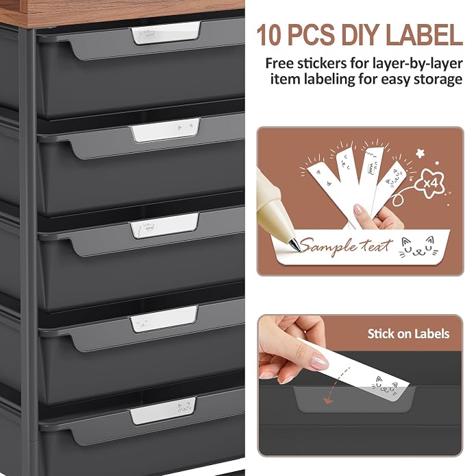 10 Drawers Rolling Cart with Wooden Tabletop, Utility Storage Cart with Wheels, Art Supply Craft Organizer on Wheel with Metal Frame & Handles for Home Office School,Black | Easy Setup, Large Capacity, Sturdy Build, Lockable Mobility, For office, class...
