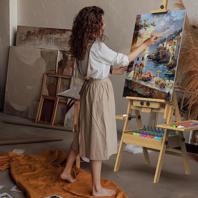 Solid Beech Wood H-Frame Easel with 2 Palette and Storage | Professional Foldable Studio Art Easel Stand with Signature Box for Adults, Holds Canvas Art up to 48"