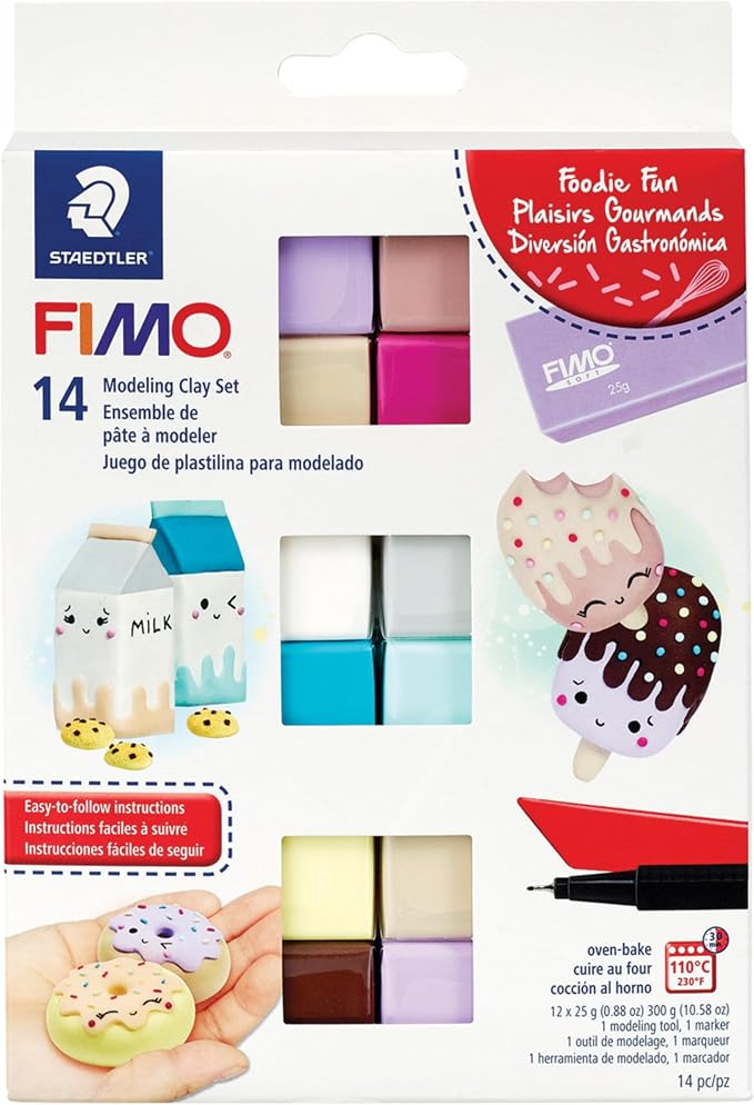 STAEDTLER FIMO Soft Polymer Clay Set: Foodie Fun, 12 Half Blocks, Sculpting Tool and Marker - Oven Bake Modeling Clay, Arts and Crafts for Beginners