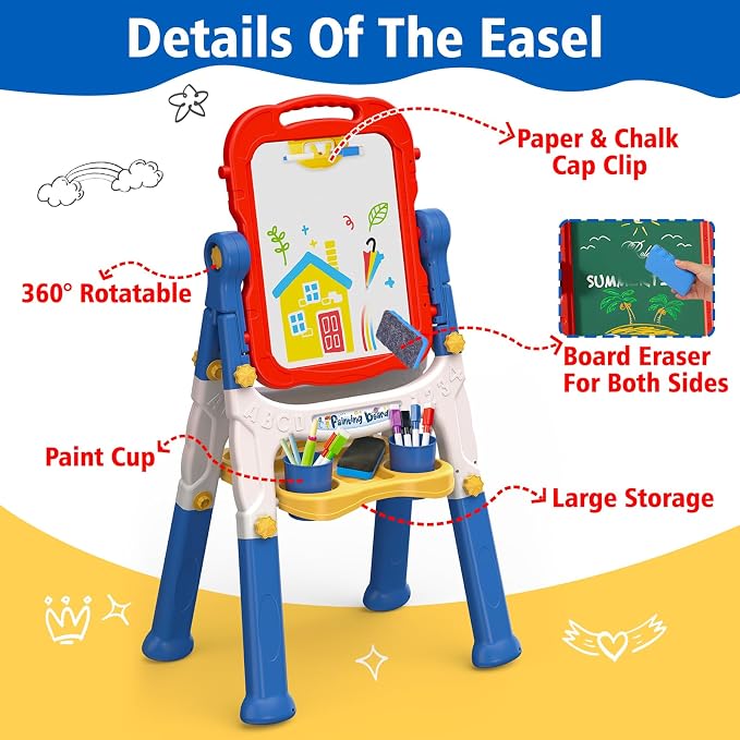 Kids Easel for Toddlers Age 3-4 Art Magnetic White Board & Chalkboard Double Side Adjustable Stand Art Easel Drawing Writing Learning Educational Toys for 3 4 5 Year Boys Girls Birthday Gifts