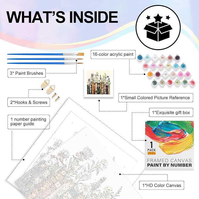 Yezavesu Book Framed Paint by Numbers Kit for Adults Beginner | With Frame Canvas 12x12 Inch, DIY Acrylic Painting by Numbers Flowers, Stress Relief Craft Kits, Home Wall Decor Gift
