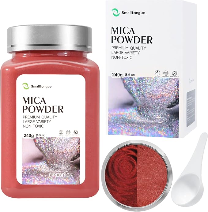 Mica Powder, FireBrick, 240g with Scoop, Complies with ASTM D-4236 | For Epoxy Resin, Soap, Bath Bomb, Candle| Safety Material| Odorless| Brilliant Colors