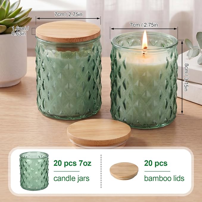 Acellegic 20 Pack Green Candle Jars for Making Candles 7 oz Empty Glass Jars with Bamboo Lids Cylindrical Candle Containers Bulk for DIY, Table Decor, Wedding Party