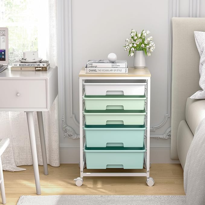 SYKIARIOL Rolling Cart with Drawers,5 Drawers Storage Cart,Light Green | 5-Tiers Utility Cart with Drawers with Lockable Wheels for Craft Organizers and Storage,Home Office,Classroom,Dorm,Playroom