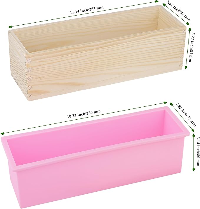 4PCS 42oz Silicone Soap Kit, Pink Rectangular Silicone Loaf Soap Making with 4 Wooden Boxes and 4 Lids, DIY Supplies for Soap Making