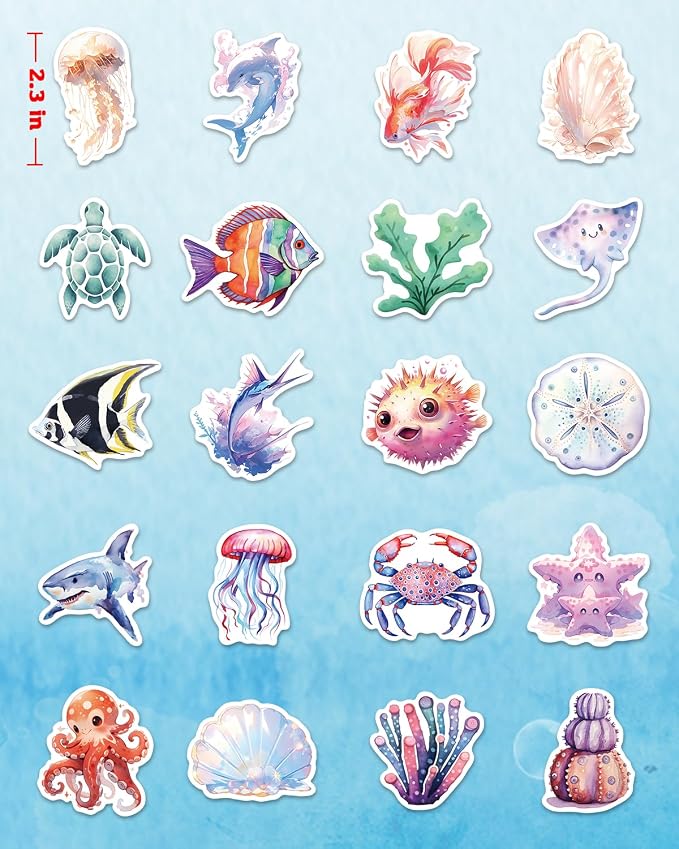 AOWDIAO 100 Pcs Ocean Stickers Cute Sea Creature Vinyl Stickers Gifts for Kids Party Crafts Favors Ocean Animal Stickers for Water Bottles Laptop Decor