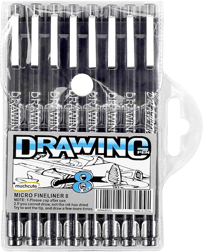 Muchcute Micro Fineliner Drawing Art Pens: 8 Black Artist Supplies Adults | Waterproof Archival Ink Set Fine Line Markers Liner,Sketch Outline Anime Gifts Manga Sketching Watercolor Zentangle Kit Stuff