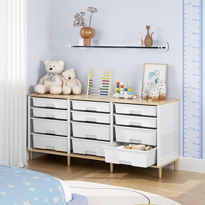 TOOLF 12 Drawers Storage Cabinet with Wooden Top and Plastic Bins, White | Toy Shelf Storage Chest Cubby Organizer, for Home, Office, Playroom, Classroom & Craft Room