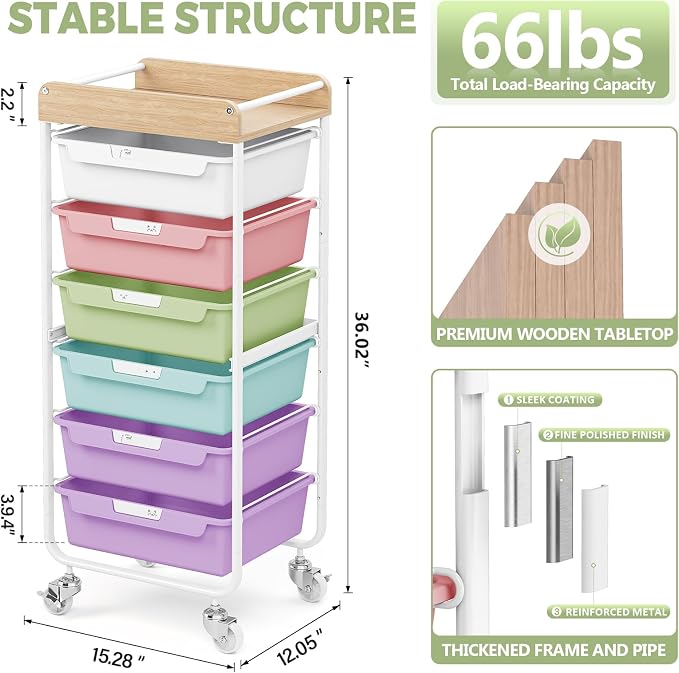 SYKIARIOL Utility Storage Cart with Ice Cream Color Drawer for Classroom | Rolling Cart with Labeling 6 Drawers, for Kids Room, Dorm, School, Storage Study Arts Craft Sewing Supplies Organizers