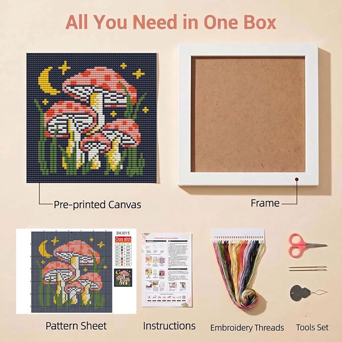 Mushroom Stamped Cross Stitch Kits for Beginners Adults with Framed | Mushroom Moon Star Needlepoint Counted Cross Stitch Kits for Beginners Adults Embroidery Kits Arts and Crafts 6x6 inch