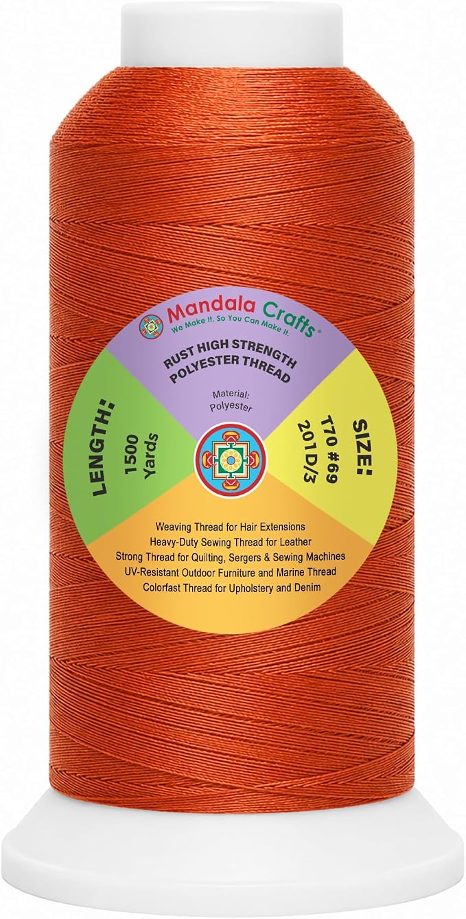 Mandala Crafts Rust Tex 70 Polyester Heavy Duty Thread for Upholstery | 1500 Yds T70 UV Resistant Strong Thread for Leather Sewing, Marine, Drapery, Jeans, Hair Weaving & Extension, Outdoor