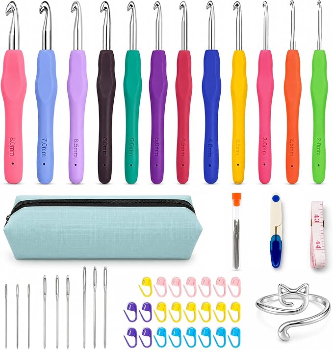 Crochet Hooks 12 Sizes Crochet Hook Set, 50 Pack Yarn Crochet Kit for Beginners, Knitting Needles with Ergonomic Handles for Arthritic Hands, Crochet Needle Kit with Blue Case for Crocheters