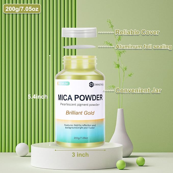 Mica Powder,200g/7.40oz Large Jar,Brilliant Gold Mica Powder Pigment for Epoxy Resin，Lip Gloss，Paint，Dye，Soap Making，Nail Polish,Candle Making,Bath Bombs