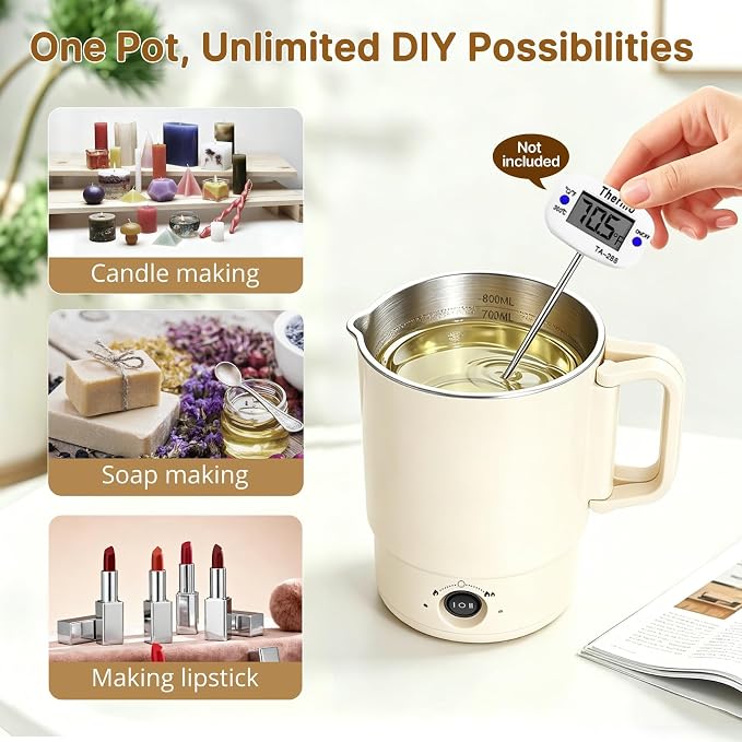 27 OZ Electric Wax Melter Pot Kit with Pour Spout for DIY Candle & Soap | Dual Power 300W and 600W,Compact&Foldable,Making for Beginners, Adults, Pros, Fits Soy Beeswax Paraffin