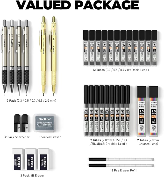 Nicpro 37PCS Gold Art Mechanical Pencil Set, 0.3/0.5/0.7/0.9/2mm Point | 360 Lead Refills(6B 4B 2B HB 2H 4H) 4 Erasers+18 Eraser Refills, Full Metal, School Supplies for Sketching Drawing Drafting