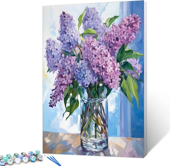 Tucocoo Paint by Number Blue Lilac in a Glass Vase Flowers DIY Painting On Canvas with Brushes Acrylic Paints Graffiti Paint by Numbers for Adults Kids Students Beginner 16x20 Inch（Without Frame）