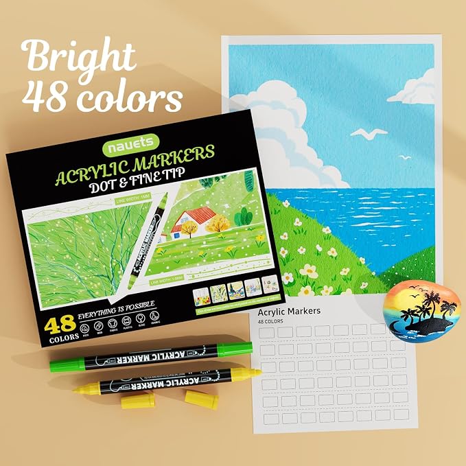 nauets 48 Colors Precision Dual Tip Acrylic Paint Markers Pens - Dot & Fine | Works on Rock, Wood, Fabric, Canvas, Glass, Scrapbook, Paper, Ceramic, Egg, DIY Craft Art Gift - Classroom & School Supplies