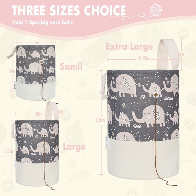 Yarn Bag, Large Crochet Bag Organizer, Drawstring Yarn Storage Knitting Bags, Portable Mini Yarn Holder for Crocheting Project, Skein Ball, Needles Accessories (Elephant Grey, Extra Large)