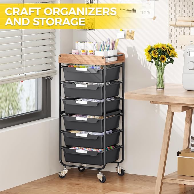 SYKIARIOL Utility Cart with 6 Labeling Drawers and Wooden Tabletop | Rolling Storage Cart for Crafters, Artists, Kids, Teachers, and Students – Organize Arts, Crafts, Sewing & Study Supplies