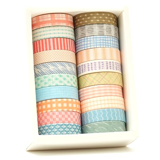 20 Rolls Basic Washi Tape Set Japanese Arts Adhesive Tapes Simple Patterns Decorative Masking Tape Sets for Craft, Kids, Scrapbook, DIY, Gift Wrapping (Style One)