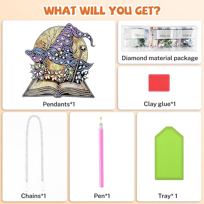 Bowetile Magic Witch Hat Diamond Art Hanging Kits for Adults, Halloween Diamond Art Suncatchers Spell Book, 5D Special Shape Diamond Painting Pendant Window Ornament Gift for Home Wall Decor
