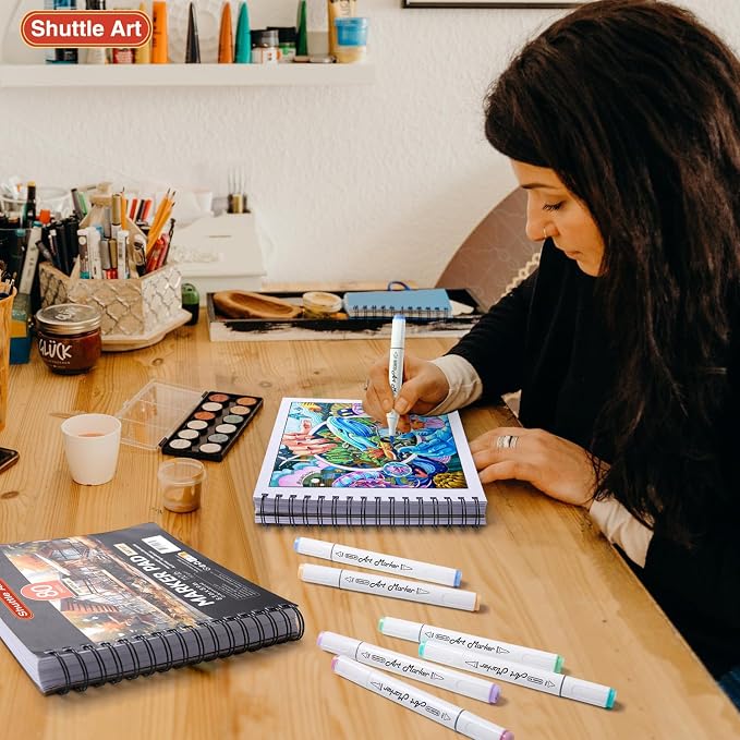 Shuttle Art Marker Pad, 8.3”x8.9” Portable Square Sketchbook, 80 Sheets Marker Drawing Paper, 110LB/180GSM Bleedproof Art Paper, Spiral-Bound, Great for Professional Artist to Draw, Paint & Sketch
